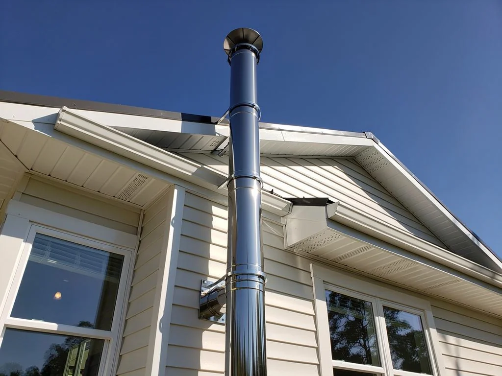 Conduit de fumée inox isolé remontant le long d'une façade de maison